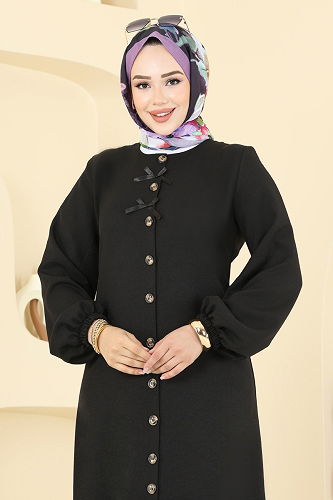 moda selvim Kurdela Detaylı Sofia Elbise 4115PM271 Siyah - Thumbnail