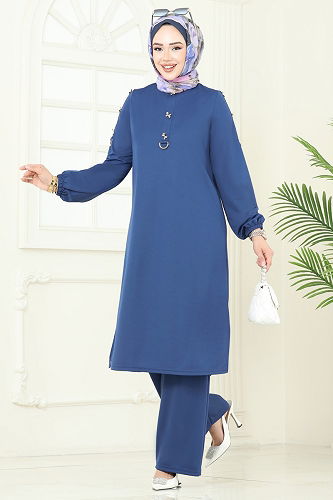 moda selvim Kurdele Aksesuarlı Tesettür Takım 452DVL817 İndigo - Thumbnail