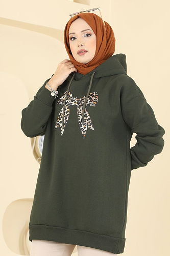 moda selvim Kurdele Desen Üç İplik Tunik 5286TEG847 Haki - Thumbnail