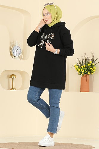 moda selvim Kurdele Desen Üç İplik Tunik 5286TEG847 Siyah - Thumbnail