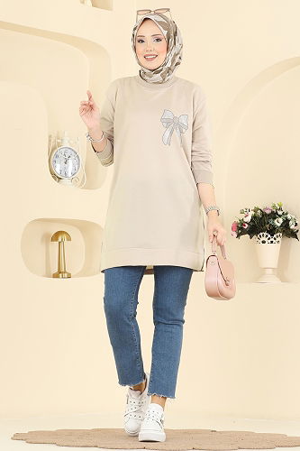 moda selvim Kurdele Desenli İki İp Tunik 305OZN1046 Bej - Thumbnail