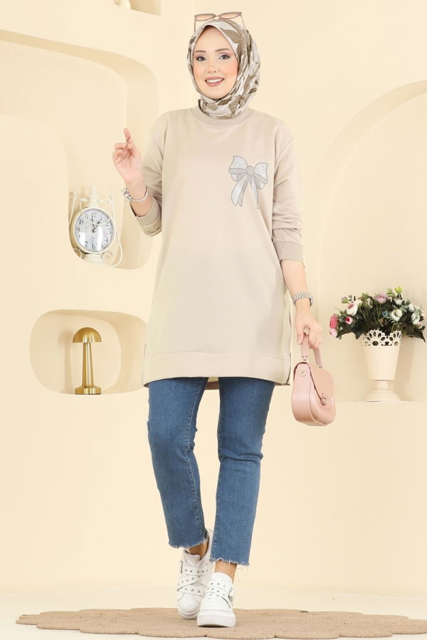 Modaselvim Tunik Kurdele Desenli İki İp Tunik 305OZN1046 Bej