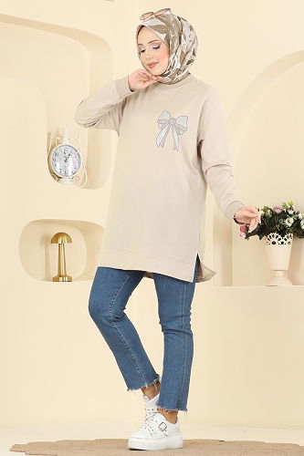 moda selvim Kurdele Desenli İki İp Tunik 305OZN1046 Bej - Thumbnail