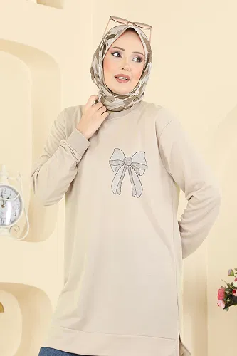 moda selvim Kurdele Desenli İki İp Tunik 305OZN1046 Bej - Thumbnail