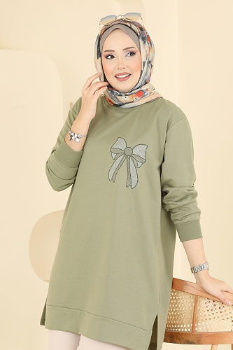 moda selvim Kurdele Desenli İki İp Tunik 305OZN1046 Haki - Thumbnail