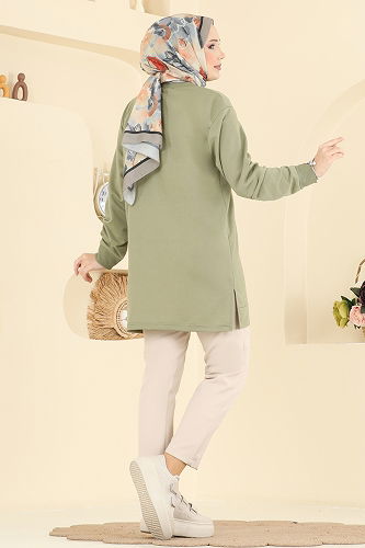 moda selvim Kurdele Desenli İki İp Tunik 305OZN1046 Haki - Thumbnail