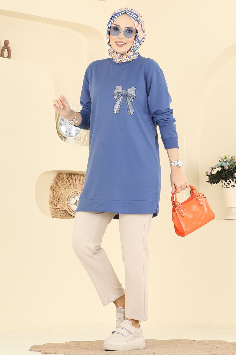 Kurdele Desenli İki İp Tunik 305OZN1046 İndigo
