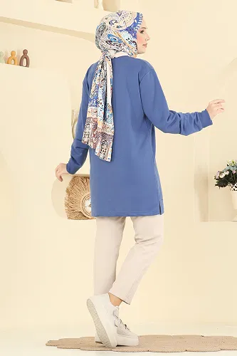 moda selvim Kurdele Desenli İki İp Tunik 305OZN1046 İndigo - Thumbnail