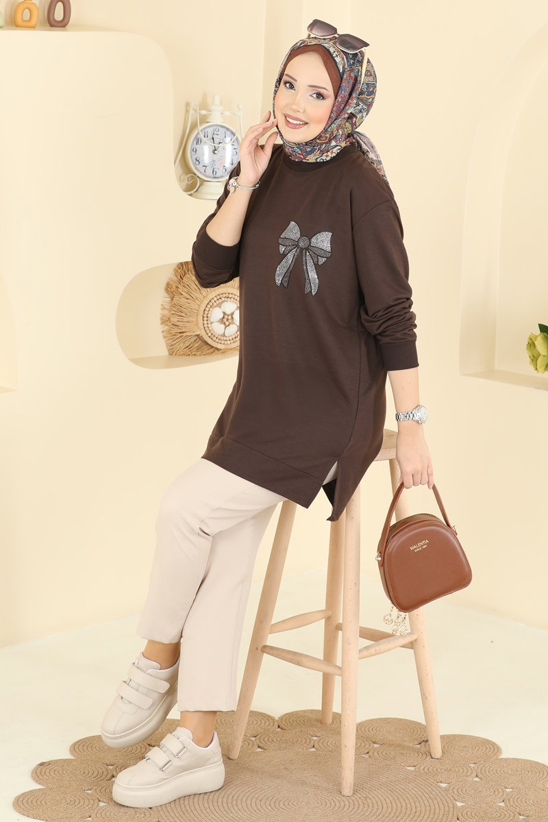 Kurdele Desenli İki İp Tunik 305OZN1046 Kahve