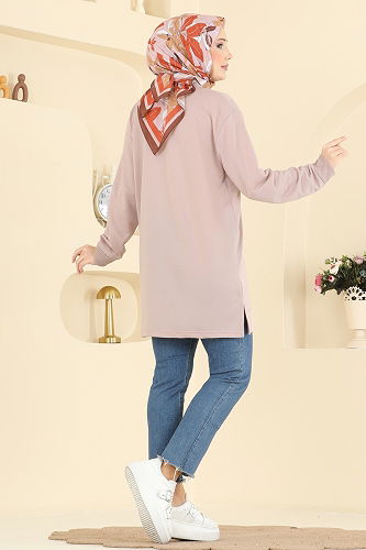 moda selvim Kurdele Desenli İki İp Tunik 305OZN1046 Pudra Vizyon - Thumbnail