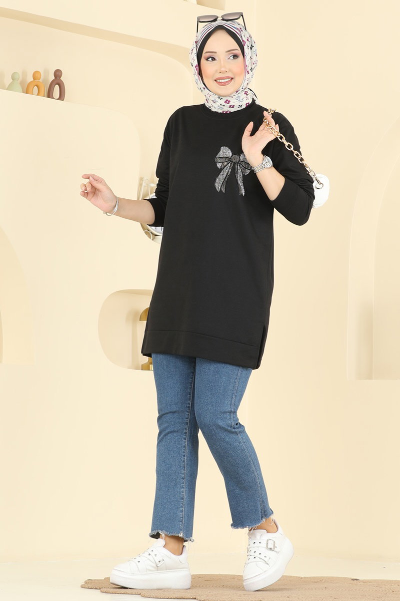 Kurdele Desenli İki İp Tunik 305OZN1046 Siyah