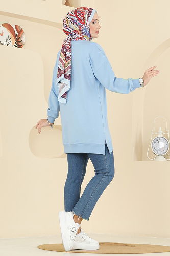 moda selvim Kurdele Yırtmaçlı İki İp Tunik 7095TEG847 Bebe Mavisi - Thumbnail