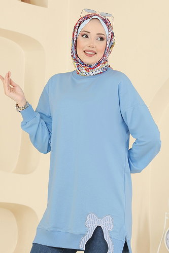 moda selvim Kurdele Yırtmaçlı İki İp Tunik 7095TEG847 Bebe Mavisi - Thumbnail