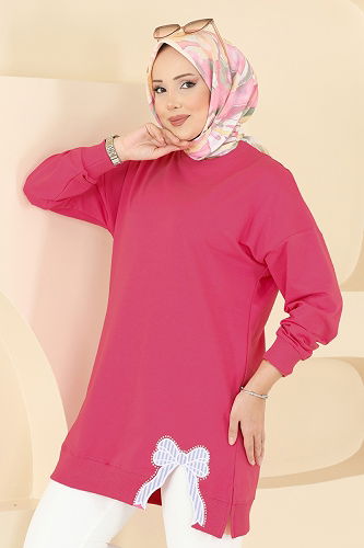 moda selvim Kurdele Yırtmaçlı İki İp Tunik 7095TEG847 Fuşya - Thumbnail