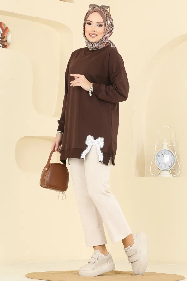 Modaselvim Tunik Kurdele Yırtmaçlı İki İp Tunik 7095TEG847 Kahve