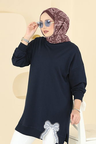 moda selvim Kurdele Yırtmaçlı İki İp Tunik 7095TEG847 Koyu Laci - Thumbnail