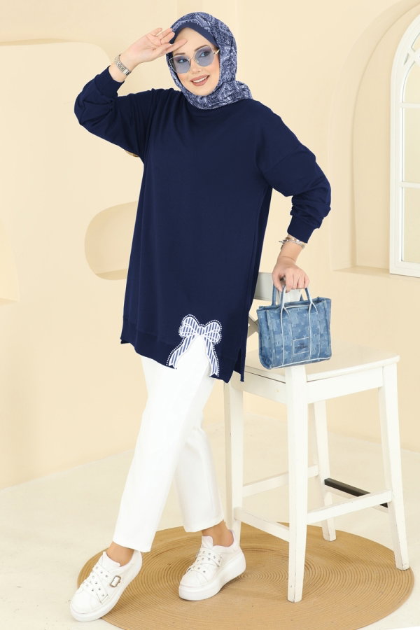 Modaselvim Tunik Kurdele Yırtmaçlı İki İp Tunik 7095TEG847 Koyu Laci