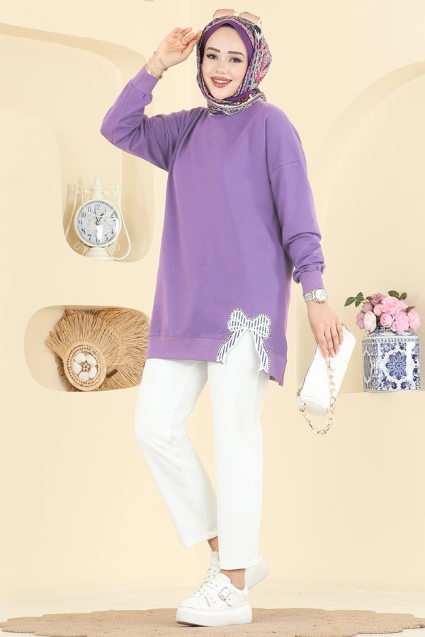 Modaselvim Tunik Kurdele Yırtmaçlı İki İp Tunik 7095TEG847 Lila
