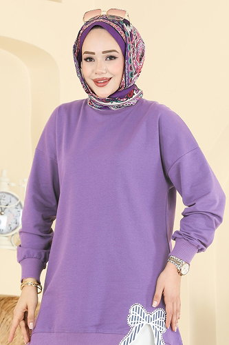 moda selvim Kurdele Yırtmaçlı İki İp Tunik 7095TEG847 Lila - Thumbnail