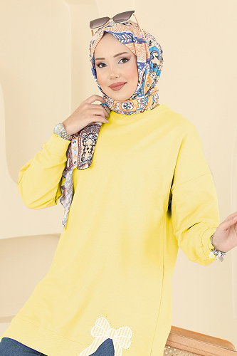 moda selvim Kurdele Yırtmaçlı İki İp Tunik 7095TEG847 Sarı - Thumbnail