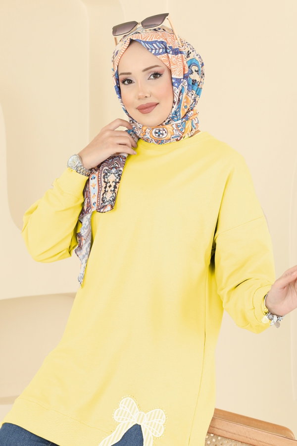 Modaselvim Tunik Kurdele Yırtmaçlı İki İp Tunik 7095TEG847 Sarı