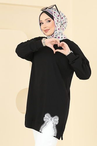 moda selvim Kurdele Yırtmaçlı İki İp Tunik 7095TEG847 Siyah - Thumbnail