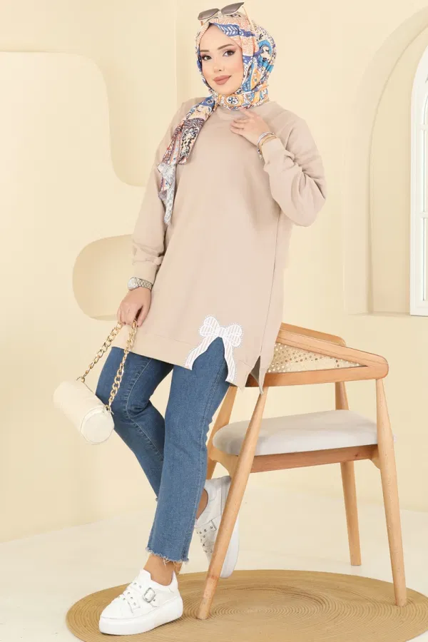 Modaselvim Tunik Kurdele Yırtmaçlı İki İp Tunik 7095TEG847 Taş
