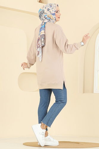 moda selvim Kurdele Yırtmaçlı İki İp Tunik 7095TEG847 Taş - Thumbnail