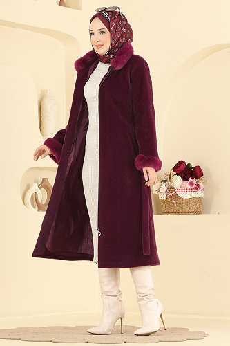 moda selvim Kürk Detaylı Angora Kaban 5022DFL152 Bordo - Thumbnail
