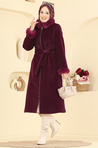 moda selvim Kürk Detaylı Angora Kaban 5022DFL152 Bordo - Thumbnail