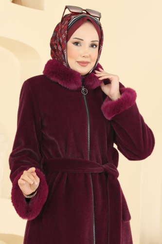 D.F.L. - Kürk Detaylı Angora Kaban 5022DFL152 Bordo