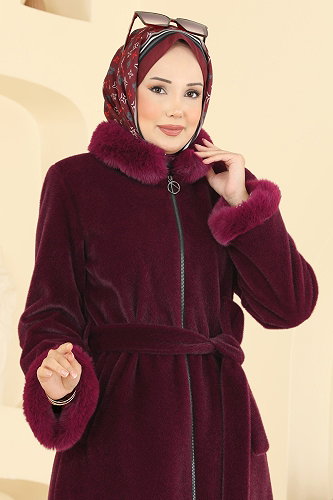 moda selvim Kürk Detaylı Angora Kaban 5022DFL152 Bordo - Thumbnail
