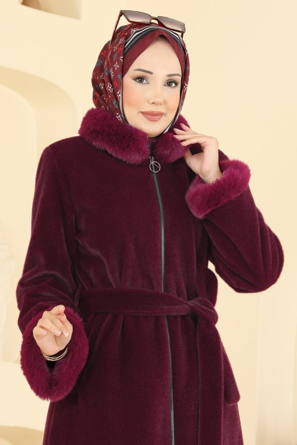 Modaselvim Kaban Kürk Detaylı Angora Kaban 5022DFL152 Bordo