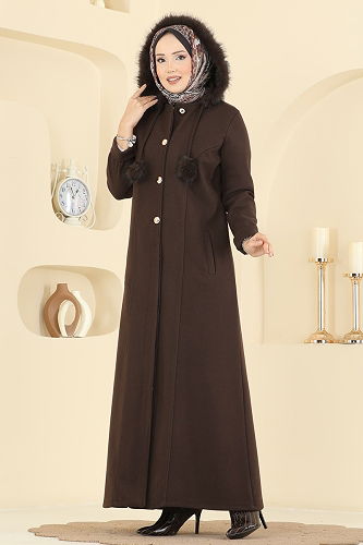 moda selvim Kürk Detaylı Kaşe Kaban 6667YG95 Acı Kahve - Thumbnail