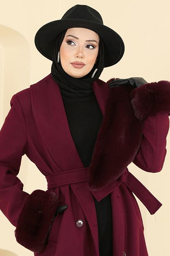 moda selvim Kürk Detaylı Kaşe Kaban 8194FMZ1159 Bordo - Thumbnail