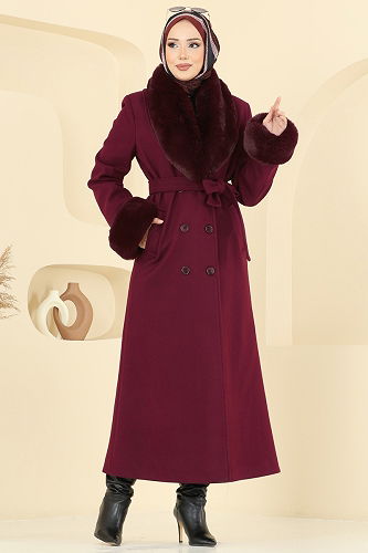moda selvim Kürk Detaylı Kaşe Kaban 8194FMZ1159 Bordo - Thumbnail