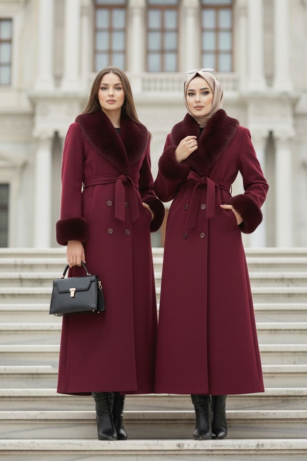Modaselvim Kaban Kürk Detaylı Kaşe Kaban 8194FMZ1159 Bordo