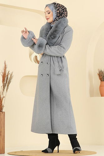 moda selvim Kürk Detaylı Kaşe Kaban 8194FMZ1159 Gri - Thumbnail