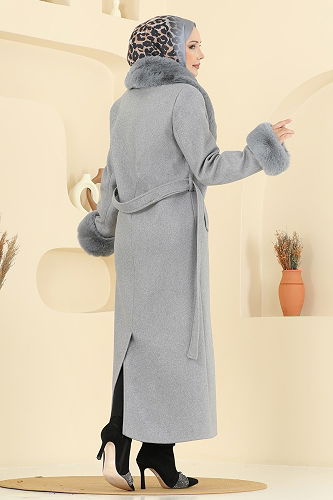moda selvim Kürk Detaylı Kaşe Kaban 8194FMZ1159 Gri - Thumbnail