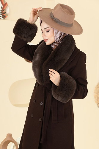 moda selvim Kürk Detaylı Kaşe Kaban 8194FMZ1159 Koyu Kahve - Thumbnail