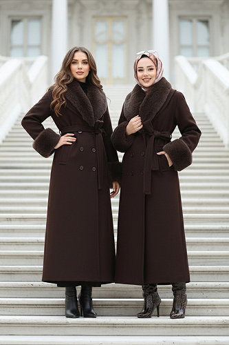 moda selvim Kürk Detaylı Kaşe Kaban 8194FMZ1159 Koyu Kahve - Thumbnail