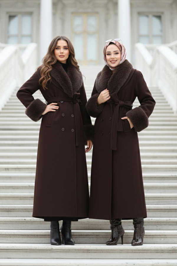 Modaselvim Kaban Kürk Detaylı Kaşe Kaban 8194FMZ1159 Koyu Kahve