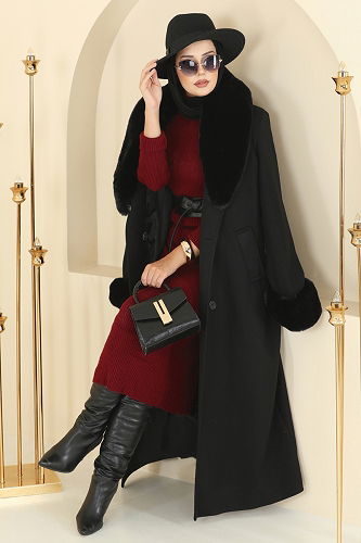 moda selvim Kürk Detaylı Kaşe Kaban 8194FMZ1159 Siyah - Thumbnail