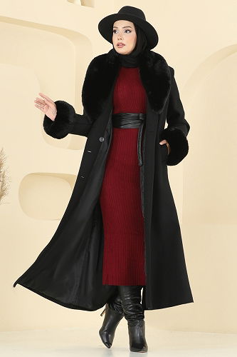 moda selvim Kürk Detaylı Kaşe Kaban 8194FMZ1159 Siyah - Thumbnail