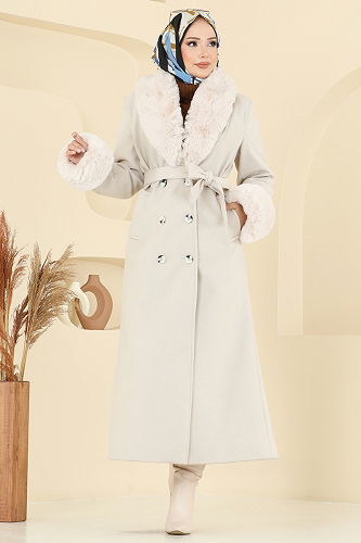 moda selvim Kürk Detaylı Kaşe Kaban 8194FMZ1159 Taş - Thumbnail