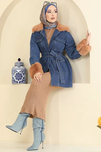 moda selvim Kürk Detaylı Kot Kap 4086ORG1169 Açık Kot - Thumbnail