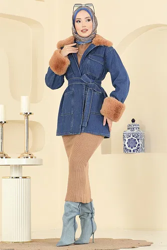 moda selvim Kürk Detaylı Kot Kap 4086ORG1169 Açık Kot - Thumbnail