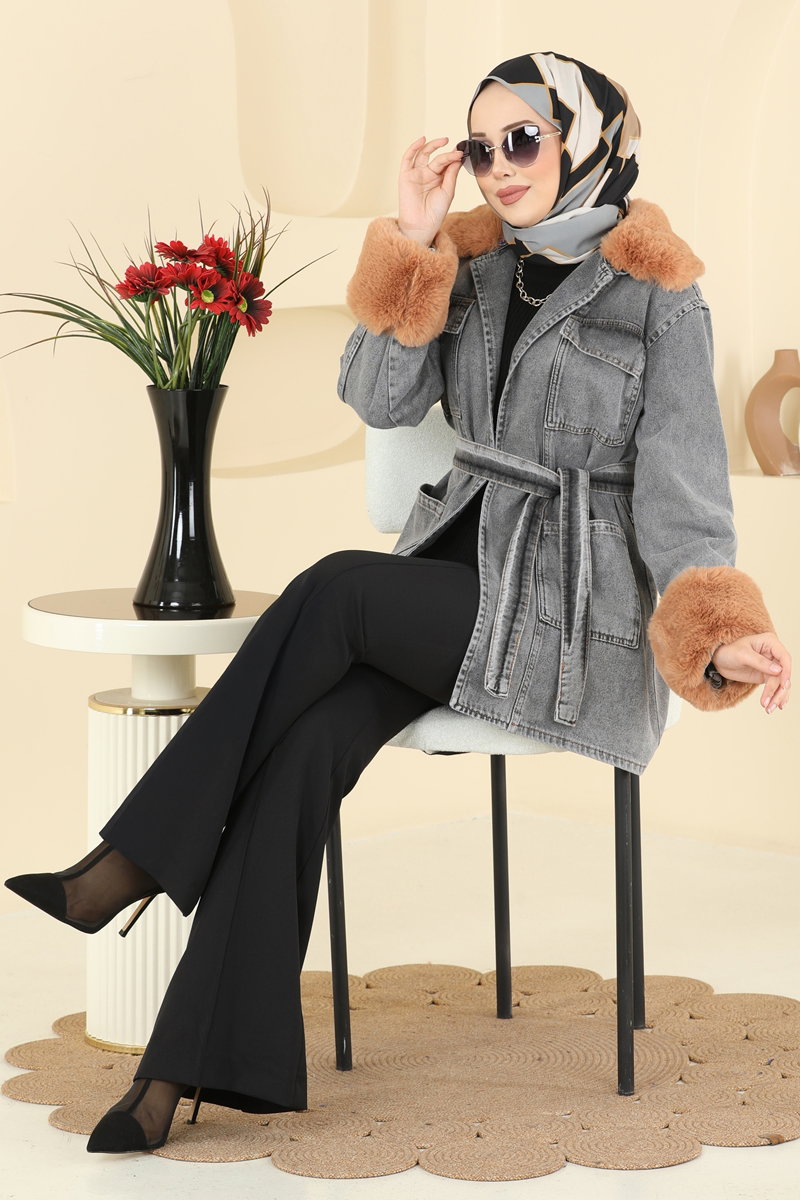 Kürk Detaylı Kot Kap 4086ORG1169 Gri Kot