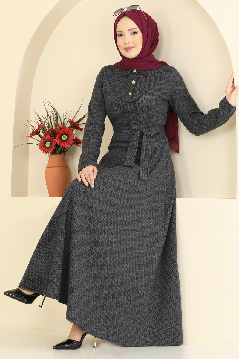 Kuşak Detaylı Balıksırtı Elbise 24097UKBK1160 Antrasit