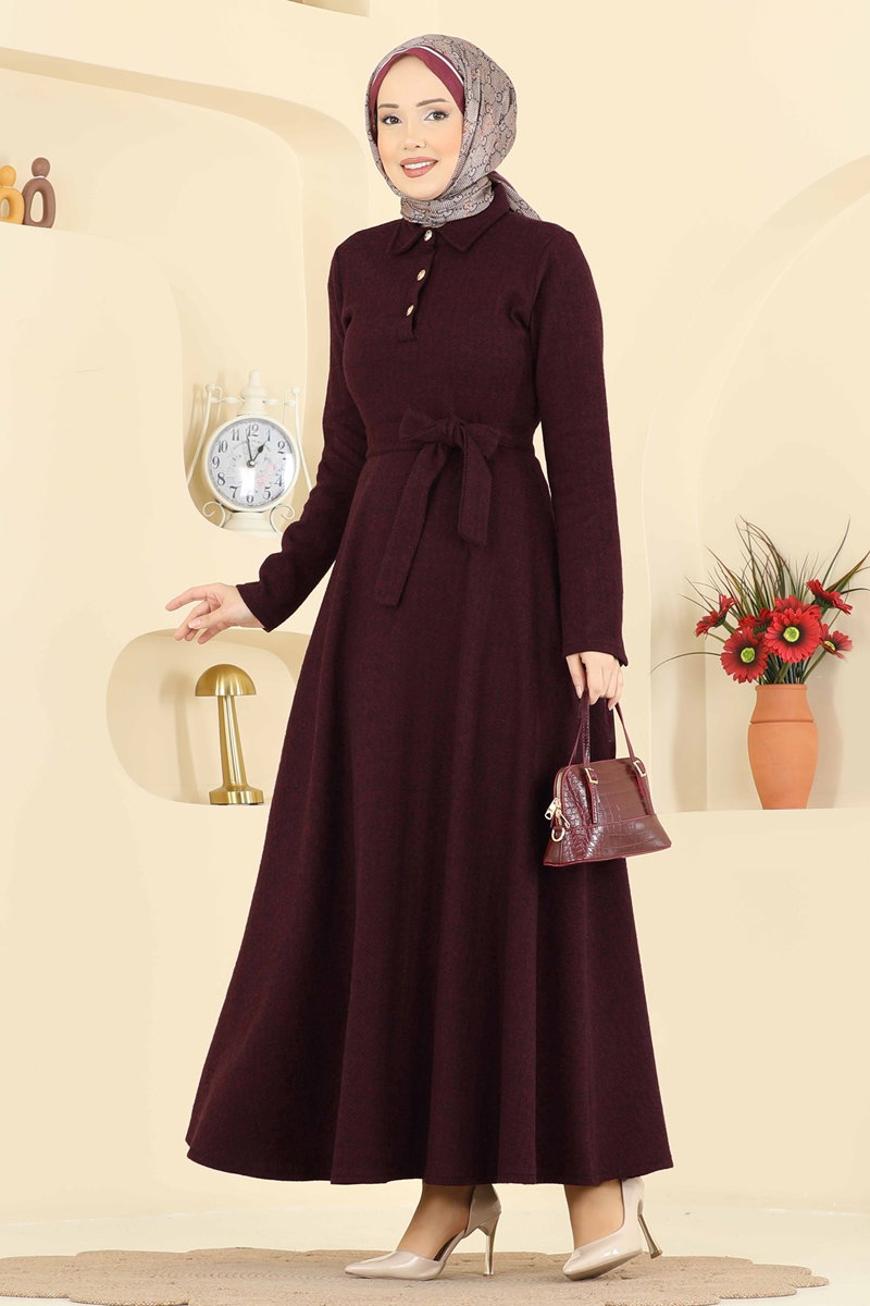 Kuşak Detaylı Balıksırtı Elbise 24097UKBK1160 Bordo
